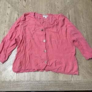 Norm Thompson Large Pink Button Front V-neck Textured Blouse